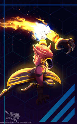action_pose anthro arm_over_head armor bottomwear clothing fire fur gauntlets gloves gold_(metal) handwear jumping machine male pose prosthetic prosthetic_arm prosthetic_limb red_body red_fur simple_background skirt solo text mssteinlechner ember_(skiddy) protogen 5:8 absurd_res full-length_portrait hi_res portrait signature url