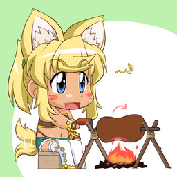 alternative_fashion blonde_hair blue_eyes campfire chibi cooking female food gyaru hair j-fashion markings ponytail solo tail tail_motion tailwag whisker_markings goriate magical_pokaan liru_(magical_pokaan) animal_humanoid canid canid_humanoid canine canine_humanoid humanoid mammal mammal_humanoid wolf_humanoid 1:1