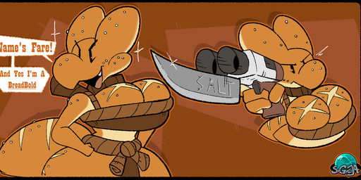 anthro big_breasts black_border border bottomwear bread breasts cleavage clothed clothing dialogue eyelashes female food gun hand_on_hip holding_object holding_weapon knife loincloth neckwear orange_background ranged_weapon salt scarf short_stack simple_background solo sparkles tail topwear weapon wide_hips srgreja fare_breadbold_(srgreja) bread_creature food_creature hybrid kobold scalie hi_res