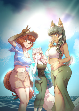 ambiguous_gender anthro beach blaze_warm fern_warm group intersex pinkfurcomics pinkscandy rowan_warm trio human mammal absurd_res hi_res