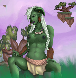 bedroom_eyes breasts clothed clothing eyelashes female green_body green_nipples green_skin half-closed_eyes muscular muscular_female muscular_humanoid narrowed_eyes naughty_face navel nipples not_furry partially_clothed plant seductive solo teeth topless tree unknown_artist humanoid orc