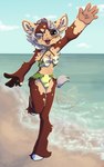 anthro beach bikini bulge clothing detailed_background femboy gesture hooves male sea seaside solo swimwear two-piece_swimsuit water waving apple_bombs equid equine horse mammal pony hi_res