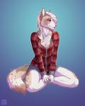 5_fingers anthro biped blue_background clothed clothing female fingers hair kneeling pink_eyes pink_nose simple_background smile solo white_hair wyla reign_(scfiii) canid canine canis domestic_dog mammal 2017 4:5 digital_media_(artwork) hi_res shaded