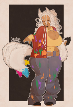 belt belt_buckle big_breasts black_tail_tip blue_tail_tip bottomwear breast_squish breasts brown_eyes buckle camel_toe cleavage_cutout clothed clothing colored_nails cutout dipstick_tail dreadlocks eyeshadow female fur hair hip_cutout holding_tail leotard lipstick looking_at_viewer makeup markings multi_tail nails navel_outline open_clothing open_topwear oversized_bottomwear oversized_clothing oversized_pants oversized_topwear paint paint_stain pants pink_tail_tip simple_background slightly_chubby smile solo squish stained_clothing tail tail_markings tan_body tan_skin thick_thighs topwear white_tail yellow_tail_tip chimkenthighs yuna_getsumi animal_humanoid canid canid_humanoid canine canine_humanoid fox_humanoid humanoid mammal mammal_humanoid absurd_res digital_media_(artwork) hi_res signature