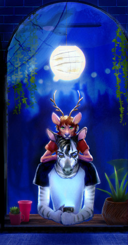 antlers clothed clothing detailed_background electronics front_view fully_clothed fur hooves horn lamp lantern light lights looking_at_viewer male male/male moonlight phone smile standing striped_body striped_fur stripes window fustilarian dashing cervine deer equid equine horse mammal zebra hi_res
