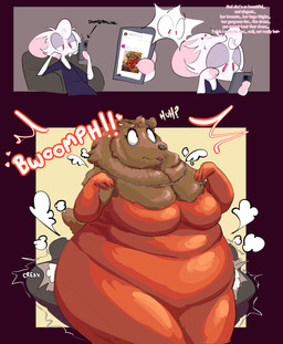 admiring age_difference age_progression anthro belly breasts cellphone clothing collar dress electronics expansion eyeshadow female feminine furniture gender_transformation growing identity_change lipstick makeup male mature_female mtf_transformation older_female onomatopoeia overweight overweight_female phone poof_transformation red_clothing red_dress social_media sofa solo sound_effects species_transformation text thighs_together transformation transformation_sequence weight_gain carter_goodrich yeenskunk forbes cassidy_(yeenskunk) bear mammal mouse murid murine rodent absurd_res comic e621_post_recursion english_text hi_res sequence trans_(lore) trans_woman_(lore)