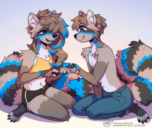 anthro black_minishorts black_nose blue_bottomwear blue_clothing blue_eyes blue_pants blush blush_lines bottomwear brown_body brown_fur brown_hair claws clothed clothed_female clothing colored_nails crop_top duo female fluffy fluffy_tail fur hair inner_ear_fluff kneeling long_hair looking_down male multicolored_hair nails navel pants shirt short_hair simple_background smile tail topless topless_male topwear tuft two_tone_hair white_body white_fur yellow_clothing yellow_crop_top yellow_shirt yellow_topwear duskiglow sai_(saitheraccoon) mammal procyonid raccoon hi_res nonbinary_(lore) trans_(lore) trans_woman_(lore)