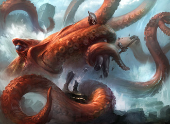 ambiguous_gender attack blue_eyes coiling destruction feral outside sculpture sea solo statue tentacles water adam_paquette hasbro magic:_the_gathering wizards_of_the_coast aquatic cephalopod coleoid mollusk octopodiform official_art