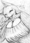 anthro big_breasts breasts cleavage clothed clothing female fur huge_breasts japanese solo tongue tongue_out cocolog roko_(cocolog) canid canine canis mammal wolf 2016 hi_res monochrome sketch