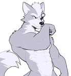 abs anthro black_nose chin_tuft eye_patch eyewear facial_tuft fur grey_body grey_fur male muscular muscular_anthro muscular_male navel nude pecs pose red_eyes simple_background solo tuft white_background white_body white_fur jrjresq nintendo star_fox wolf_o'donnell canid canine canis mammal wolf hi_res