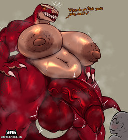 anthro areola bald balls belly biped bodily_fluids breasts duo genital_fluids genitals glistening glistening_belly glistening_body glistening_breasts gynomorph heart_symbol intersex larger_gynomorph larger_intersex multicolored_body nipples nude overweight penis precum pupils red_body sharp_teeth simple_background size_difference smaller_human smile sweat tail teeth text thick_thighs vein veiny_penis ze_blackball.d tyranny_(tyrannytrex) dinosaur human mammal prehistoric_species reptile saurischian scalie theropod tyrannosaurid tyrannosauroid tyrannosaurus tyrannosaurus_rex absurd_res english_text hi_res