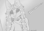 anthro arrow_(weapon) clothed clothing curled_hair female frown gem hair inner_ear_fluff jewelry long_hair melee_weapon necklace ranged_weapon shirt solo sword topwear tuft weapon whisker_spots fluxfoxart canid canine fox mammal red_fox true_fox absurd_res greyscale hi_res monochrome shaded signature sketch