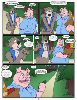 anthro black_nose blue_bottomwear blue_clothing blue_dress_shirt blue_pants blue_topwear blue_vest blush blush_lines bottomwear bread carrot clothed clothed_anthro clothed_male clothing covering covering_crotch dialogue duo embarrassed eyewear food forest fully_clothed fully_clothed_anthro fully_clothed_male fur glasses grey_body grey_fur groceries grocery_bag long_snout male nervous overweight overweight_anthro overweight_male pants paper_bag partially_clothed_anthro partially_clothed_male pink_body plant sharp_teeth snarky snout speech_bubble stuttering tail_covering_crotch teeth text topwear tree vegetable vest wearing_glasses huttsergreywolf fairy_tales the_three_little_pigs big_bad_wolf bigby_(huttsergreywolf) swinestein canid canine canis domestic_pig mammal suid suine sus_(pig) wolf comic english_text hi_res