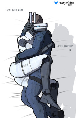 bed blush boots brown_hair clothed clothing cuddling duo eyes_closed female footwear fully_clothed furniture gloves hair hand_on_head hand_on_hip hand_on_shoulder handwear happy hug hugging_another leg_over_thigh machine male male/female not_furry police shoes short_hair simple_background text warjenkins human humanoid mammal robot robot_humanoid 2025 absurd_res digital_drawing_(artwork) digital_media_(artwork) english_text hi_res signature