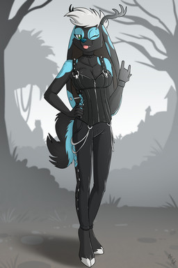 2_horns alternative_fashion anthro antlers biped black_body black_bottomwear black_clothing black_fur black_nose black_pants blue_body blue_fur bottomwear breasts choker cleavage clothed clothing cloven_hooves day devil_horns_(gesture) ear_piercing female floppy_ears forest fur gesture goth hair hand_gesture hand_on_hip hand_on_own_hip hooves horn jewelry long_ears looking_at_viewer lop_ears medium_breasts multicolored_body necklace one_eye_closed outside pants piercing plant short_hair solo spikes teeth tongue tongue_out tree two_tone_body unguligrade white_hair wink winking_at_viewer fuf zelda_(diel4) deer hybrid lagomorph leporid mammal rabbit 2019 2:3 hi_res