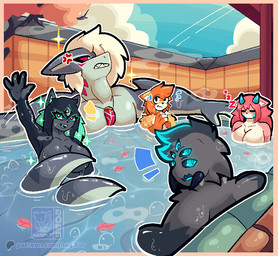 anthro big_breasts black_body blue_eyes bodily_fluids breasts detailed_background female femboy fur green_eyes group hair hot_spring long_hair looking_at_viewer male multi_eye nude open_mouth outside partially_submerged public_bath size_difference sky smile sparkles steam teeth water nagifur mages_(nagifur) nagi_(nagifur) reef_(nagifur) somni_(nagifur) webber_(nagifur) arachnid arthropod canid canine humanoid mammal spider digital_media_(artwork)