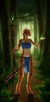 2018 4_toes anklet anthro barefoot biped blue_bottomwear blue_clothing blue_eyes blue_topwear bottomwear braided_hair breasts claws clothed clothing digital_media_(artwork) digitigrade feet felid female forest fur grass hair hi_res holding_object jewelry loincloth looking_at_viewer m_artifex magic magic_user mammal navel necklace orange_body orange_fur outside pantherine plant smile solo staff standing striped_body striped_fur stripes tiger toes topwear tree white_body white_fur