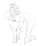 anthro big_breasts big_butt bottomwear breasts butt clothed clothing female fin footwear hair hand_on_butt high_heels huge_breasts huge_butt looking_back overweight overweight_anthro overweight_female ponytail shoes skirt solo standing suit tail tail_fin thick_tail thick_thighs laurel_dog yulara cetacean mammal marine hi_res