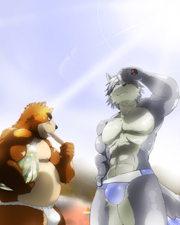 abs anthro asian_clothing athletic ball beach_ball biceps bottomwear brown_body brown_fur bulge clothed clothing dessert duo east_asian_clothing flexing food fruit fundoshi fur green_eyes grey_body grey_fur ice_cream inflatable japanese_clothing kemono licking loincloth male melon muscular one_eye_closed overweight pecs plant pose slightly_chubby speedo standing swimwear tail tongue tongue_out topless underwear watermelon watermelon_beach_ball white_body white_fur wink yellow_eyes debirobu morenatsu juuichi_mikazuki kouya_aotsuki american_black_bear bear black_bear canid canine canis domestic_dog husky mammal nordic_sled_dog spitz ursine 4:5 absurd_res hi_res