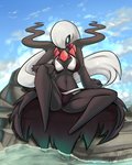 4:5 big_breasts bikini blue_eyes breasts clothed clothing curvy_figure darkrai female generation_4_pokemon humanoid latiar legendary_pokemon nintendo not_furry outside pokemon pokemon_(species) pokemorph solo swimwear water