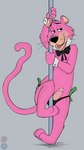 absurd_res anthro bedroom_eyes clothing cobaltsynapse dancing erection felid fur genitals half-closed_eyes hanna-barbera hi_res holding_fixture humanoid_genitalia humanoid_penis lion male mammal narrowed_eyes open_mouth pantherine penis pink_body pink_fur poking_out pole pole_dancing seductive shirt_cuffs sketch smile snagglepuss snagglepuss_(series) solo thong underwear whiskers