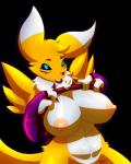 4:5 alpha_channel anthro bandai_namco big_breasts black_sclera blue_eyes breasts canid canine clothing digimon digimon_(species) female fur gf hi_res mammal renamon simple_background solo transparent_background white_body white_fur yellow_body yellow_fur