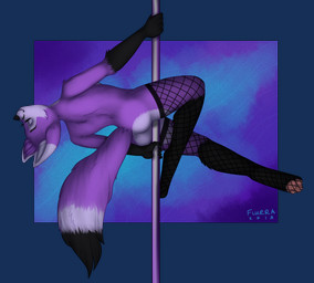 ambiguous_gender anthro between_legs black_body black_fur butt clothing dancing eyes_closed feet fishnet_clothing fishnet_legwear fluffy fluffy_tail fur hindpaw legwear paws pole pole_between_legs pole_dancing purple_body purple_fur rear_view smile solo tail flurra floopysnow canid canine fennec_fox fox mammal true_fox alpha_channel hi_res
