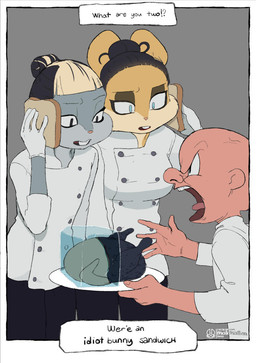 5_fingers angry anthro bald bangs big_breasts black_bottomwear black_clothing black_eyebrows black_eyes black_hair black_pants black_text blonde_hair blue_eyes bottomwear bread breasts buckteeth chef_uniform chicken_meat clothed clothed_anthro clothed_female clothed_male clothing dialogue eyebrows eyelashes female female_anthro femboy fingernails fingers food gloves group hair hair_bun handwear holding_bread holding_object holding_plate ice logo long_sleeves looking_down male male_anthro male_human meat multicolored_hair nails open_mouth pants pink_tongue plate shirt_shirt speech_bubble talking_to_another teeth text tongue tongue_out topwear trio two_tone_hair white_clothing white_gloves white_handwear white_topwear matchattea idiot_sandwich looney_tunes warner_brothers bugs_bunny elmer_fudd gordon_ramsay lola_bunny human lagomorph leporid mammal rabbit 2026 artist_logo dated english_text signature