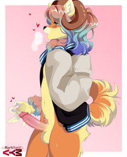 anthro balls black_nose blush bodily_fluids bottomless brown_horn clothed clothing erection eyelashes fur genital_fluids genitals hair heart_symbol horn humanoid_genitalia humanoid_penis jacket looking_pleasured male medium_hair multicolored_hair navel open_clothing open_jacket open_mouth open_topwear orange_body orange_fur penis pink_penis precum precum_string side_view simple_background solo standing tail topwear yellow_balls yellow_body yellow_fur markyanv_(artist) canid canine mammal 2025 colored digital_drawing_(artwork) digital_media_(artwork) hi_res shaded