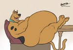 2023 anthro belly big_belly brown_body brown_fur canid canine canis collar collar_only domestic_dog fangs feet_on_table fur furniture great_dane half-closed_eyes hand_on_belly hanna-barbera husky2paws leaning leaning_backward legs_up looking_at_viewer male mammal mastiff molosser morbidly_obese morbidly_obese_anthro morbidly_obese_male mostly_nude narrowed_eyes nude obese obese_anthro obese_male open_mouth overweight overweight_anthro overweight_male scooby-doo scooby-doo_(series) side_view signature sitting sofa solo table teeth tongue
