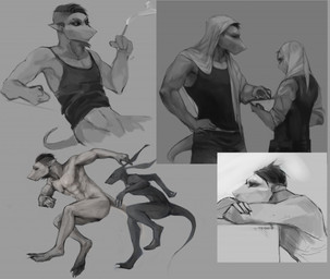 abs anthro athletic athletic_anthro athletic_male black_bottomwear black_clothing black_hair black_pants black_sclera black_shirt black_tank_top black_topwear bottomless bottomwear cigarette clothed clothing fully_clothed grey_background group hair hand_on_hip male navel nude pants pecs shirt simple_background smoke tank_top topwear akrolayn jack_(akrolayn) ambiguous_species scalie 2015 digital_media_(artwork) digital_painting_(artwork) full-length_portrait greyscale monochrome multiple_images painting_(artwork) portrait sketch_page three-quarter_portrait