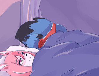 anthro bed black_nose blue_body blue_fur blue_hair clothed clothing duo female fluffy fluffy_tail fur furniture hair inside multicolored_body multicolored_fur multicolored_hair on_bed pink_body pink_fur pink_hair sleeping tail tail_hug topwear under_covers poptrt ah_yes._me._my_girlfriend. brand_new_animal studio_trigger michiru_kagemori nazuna_hiwatashi canid canine fox mammal raccoon_dog tanuki 2020 absurd_res hi_res meme