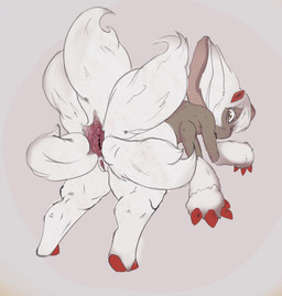 4_arms anus butt claws dark_body dark_skin female fur genitals horn monster_girl_(genre) multi_arm multi_limb multi_tail presenting presenting_anus presenting_hindquarters sharp_teeth solo tail teeth unusual_anatomy unusual_anus unusual_genitalia vulva white_body white_fur yellow_eyes vaan0 made_in_abyss faputa humanoid narehate absurd_res hi_res