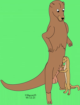 animal_genitalia balls brown_body brown_fur duo female feral fur genitals green_background hand_in_sheath larger_male male male/female nude sheath sheath_fisting sheath_sounding simple_background size_difference standing tan_body tan_fur toony urbanhermit mammal mustelid musteline otter true_musteline weasel 1995 colored dated