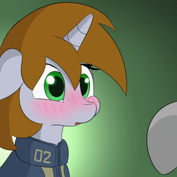 alternate_universe ambiguous_gender blush boop brown_hair clothed clothing duo female feral green_eyes hair horn open_mouth semi-anthro vault_suit n0nnny fallout fallout_equestria hasbro microsoft my_little_pony mythology fan_character littlepip equid equine mammal mythological_creature mythological_equine unicorn 1:1 2d_animation animated