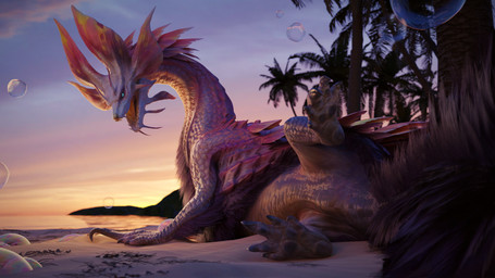 ambiguous_gender beach bubble butt claws detailed_background feet feral finger_claws fluffy fluffy_tail foot_focus fur hair looking_at_viewer lying on_ground on_side open_mouth outside palm_tree paws pink_body pink_scales plant presenting presenting_hindquarters purple_body purple_fur purple_hair resting sand scales seaside sky solo spread_legs spreading sunset tail teeth toe_claws tongue tree water white_body ivorylagiacrus capcom monster_hunter leviathan_(mh) mizutsune scalie 16:9 2021 3d_(artwork) 4k absurd_res blender_(artwork) digital_media_(artwork) hi_res widescreen