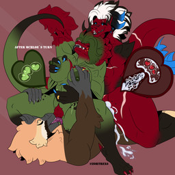 abs anthro areola big_breasts black_hair black_sclera blotchy_areola blue_eyes bodily_fluids breast_grab breast_play breasts brown_body claws cum cum_in_vagina cum_inside cunnilingus eyes_closed facial_tuft fangs female female/female feral genital_fluids gold_(metal) gold_jewelry green_body green_hair group hair hand_on_breast horn impregnation jewelry long_tail male male/female markings muscular muscular_anthro muscular_female nipple_dip nipple_fetish nipple_play oral penetration pubes red_body red_hair ring_(jewelry) sex sharp_teeth size_difference spikes spikes_(anatomy) spots spotted_legs spotted_thighs spread_legs spreading tail tan_body teeth thick_thighs tongue tongue_out trio tuft vaginal vaginal_penetration white_hair zortrex mythology mchloe_(zortrex) yelena_(zortrex) dinosaur dragon dromaeosaurid myceelidos_(zortrex) mythological_creature mythological_scalie prehistoric_species reptile saurischian scalie theropod utahraptor 1:1 absurd_res hi_res sibling_(lore) sister_(lore) sisters_(lore)