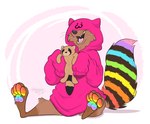 4_toes anthro black_nose brown_body brown_fur clothing feet fur happy holding_object hoodie male markings multicolored_body multicolored_fur multicolored_markings multicolored_tail oversized_clothing oversized_sleeves pawpads pink_clothing pink_tongue plushie rainbow_markings rainbow_tail simple_background sitting smile solo tail teeth toes tongue topwear whiskers strawbear dakotasoftpaw mammal procyonid raccoon