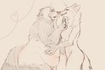 anthro belly big_belly blush breasts claws duo fangs female female/female hand_on_face heart_symbol hug looking_at_another nuzzling overweight overweight_female scar side_view smile standing teeth thick_thighs wide_hips galette inari_(galette) shigaraki_(galette) canid canine fox mammal raccoon_dog tanuki 2020 black_and_white monochrome sketch