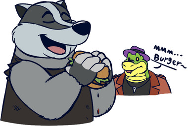 4_fingers anthro biped black_nose bodily_fluids burger clothing dialogue drooling duo fingers food fur grey_body grey_fur hat headgear headwear humanoid_hands hungry male open_mouth saliva shirt simple_background text topwear glassesgator brok_the_investigator cowcat_games badger_(brok_the_investigator) brok_(brok_the_investigator) alligator alligatorid badger crocodilian mammal mustelid musteline reptile scalie 2026 english_text