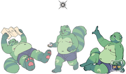 4_toes 5_fingers anthro bent_arm bottomwear claws clothing compass feet fingers front_view fur green_body green_fur group holding_object looking_up lying male map navel nipples on_back overweight overweight_anthro overweight_male pawpads shorts side_view sitting standing toes trio walking maaudaan_tg fred_(fredrick_brennan) mammal procyonid raccoon 2022 absurd_res digital_media_(artwork) hi_res watermark