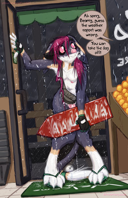 anthro bell black_sclera clothing covering covering_crotch damp fanny_pack female flip_flops food footwear frown fruit genitals gynomorph intersex navel nipples nude orange_(fruit) penis plant raining sandals shoes shopping_basket sign text visor welcome_mat wet frist44 bham_(frist44) bandicoot bilby mammal marsupial english_text hi_res trans_(lore)
