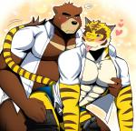 anthro anthro_on_anthro clothed clothing duo eyebrows male male/male muscular muscular_male pecs thick_eyebrows bearlovestiger13 morenatsu juuichi_mikazuki kenji torahiko_(morenatsu) felid mammal pantherine tiger