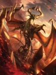 anthro armor claws detailed_background fangs front_view horn magic male outside spread_wings teeth wings raymond_swanland hasbro magic:_the_gathering mythology wizards_of_the_coast nicol_bolas planeswalker dragon mythological_creature mythological_scalie reptile scalie 2017 official_art restricted_palette