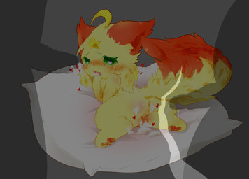 after_vaginal blush bodily_fluids butt chibi cum cum_in_vagina cum_inside cum_string faceless_character faceless_male female fur genital_fluids genitals green_eyes grey_background heart_symbol kemono male male/female on_pillow open_mouth pillow red_body red_ears red_fur red_tail semi-anthro silhouetted_body simple_background solo tail two_tone_tail vulva yellow_body yellow_fur deaic canid canine fox mammal 2017 hi_res