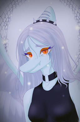 amber_eyes anthro biped black_clothing black_topwear blue_body bodily_fluids bone_frill breasts choker close-up clothed clothed_anthro clothed_female clothing eyebrows feathered_wings feathers female foggy_background frill_(anatomy) grey_body grey_feathers grey_hair hair jewelry long_hair looking_at_viewer markings medium_breasts necklace non-mammal_breasts outside raised_inner_eyebrows sad_smile smile solo striped_markings stripes tears topwear wings louiss. cavemanon_studios goodbye_volcano_high ko_op_(game_developer) snoot_game fang_(gvh) prehistoric_species pterosaur reptile scalie 2025 absurd_res half-length_portrait hi_res portrait