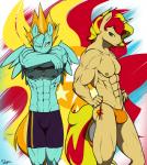 2014 abs anthro anthrofied artist_name athletic athletic_anthro athletic_male biceps blue_body blue_feathers bottomwear bulge clothed clothing crossgender cutie_mark digital_media_(artwork) duo equestria_girls equid equine feathered_wings feathers fingers fluffy fluffy_tail friendship_is_magic ftm_crossgender hasbro horn jewelry lightning_dust_(mlp) male mammal muscular muscular_anthro muscular_male my_little_pony mythological_creature mythological_equine mythology necklace nipples outline pecs pegasus shorts signature skimpy slypon smile sunset_shimmer_(eg) tail topless topless_anthro topless_male undressing unicorn wings