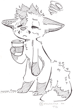 :< anthro beverage coffee coffee_cup container cup dipstick_tail ear_piercing eyes_closed fluffy fluffy_tail hunched_over male markings piercing simple_background solo standing striped_markings striped_tail stripes tail tail_markings tired tired_eyes whisker_spots white_background simple_nicks mochafox_(itsmochafox) canid canine fox mammal red_fox true_fox absurd_res hi_res line_art marker_(artwork) sketch traditional_media_(artwork)