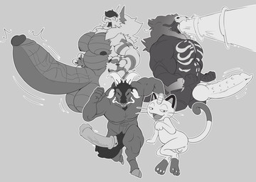 anthro balls big_balls big_penis genitals group hooves huge_balls huge_penis hyper hyper_balls hyper_genitalia hyper_penis male mane paws penis thewilldpink mythology nintendo pokemon bovid caprine demon dragon generation_1_pokemon goat mammal meowth mythological_creature mythological_scalie pokemon_(species) scalie hi_res