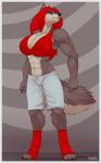 abs anthro big_breasts blue_eyes bottomwear bra breasts brown_body brown_fur clothing female fur hair midriff muscular muscular_anthro muscular_female navel pecs red_hair shorts solo underwear gorsha_pendragon luka_cross canid canine canis mammal wolf 2014 digital_media_(artwork) hi_res shaded watermark